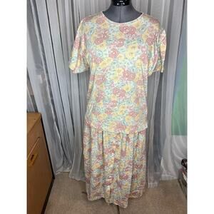 skirt set floral pastel jersey knit vintage 1980s